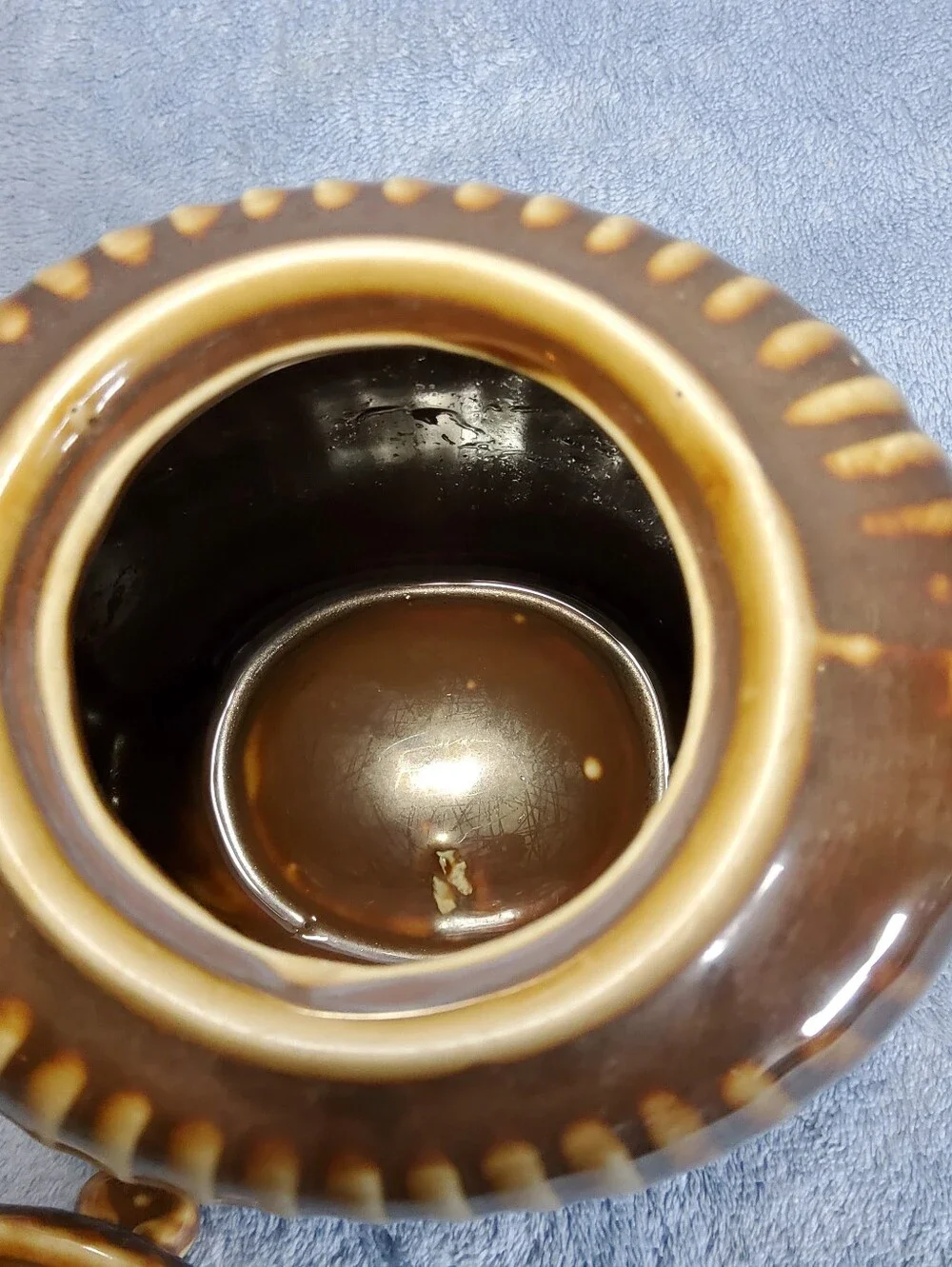 Antique Fraunfelter China Teapot Caramel Brown Ribbed Pottery Ohio USA w/ Lid